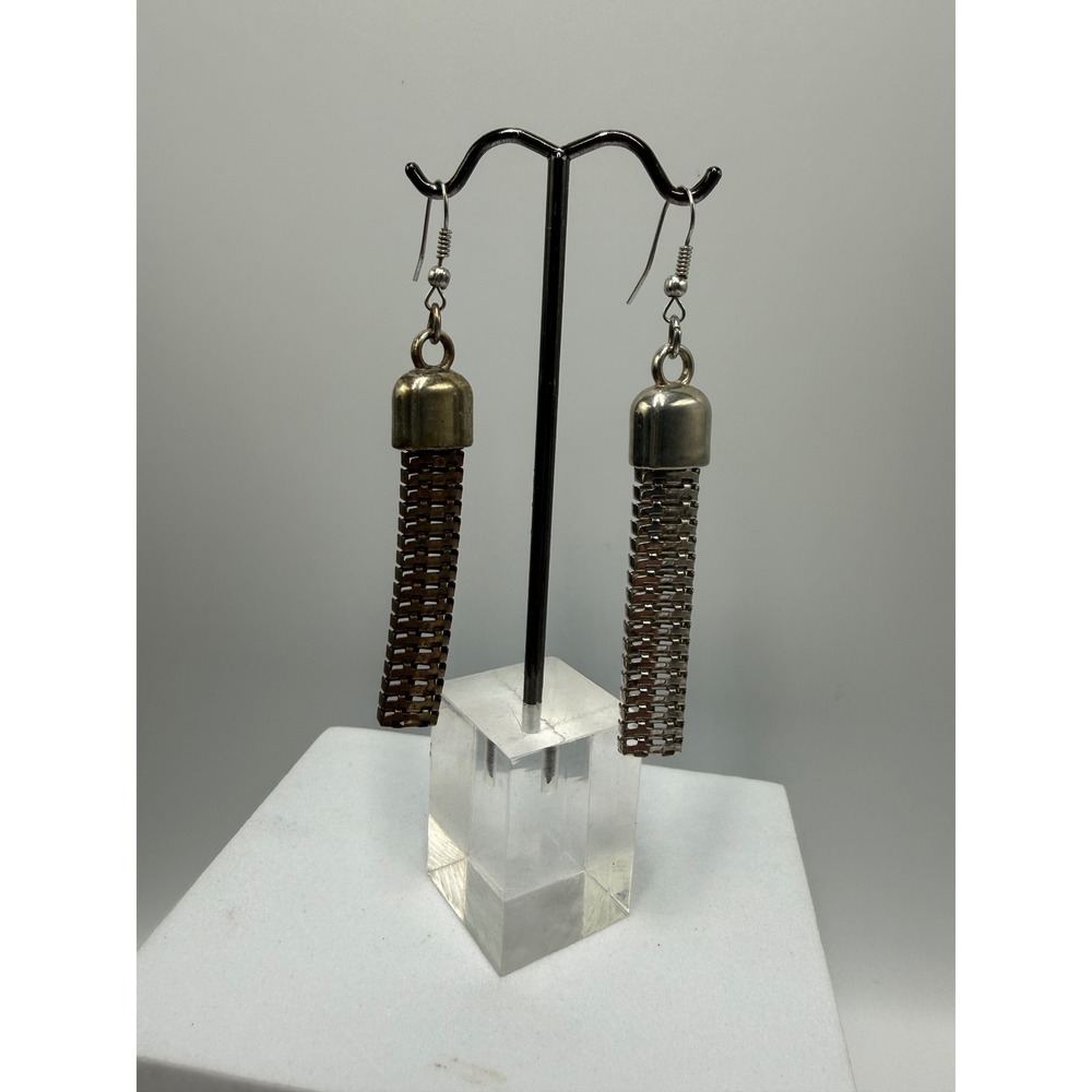 Vintage Mixed Metal Mesh Ladder Drop Earrings Silver Bronze Industrial Dangle